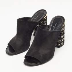 Louis Vuitton Black Suede Embellished Block Heel Open Toe Mules Size 41