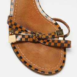 Louis Vuitton Two Tone Damier Ebene Patent Leather Knotted Bow Slide Sandals Size 39