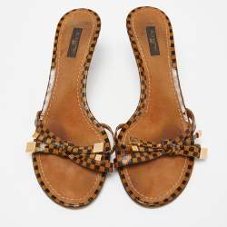 Louis Vuitton Two Tone Damier Ebene Patent Leather Knotted Bow Slide Sandals Size 39