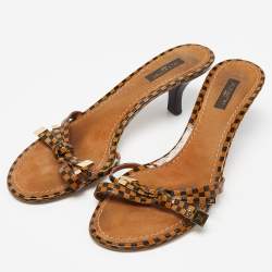 Louis Vuitton Two Tone Damier Ebene Patent Leather Knotted Bow Slide Sandals Size 39