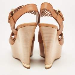 مملوكة مسبقًا Louis Vuitton Brown Leather Wedge Ankle Strap Sandals Size 39