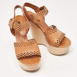 مملوكة مسبقًا Louis Vuitton Brown Leather Wedge Ankle Strap Sandals Size 39