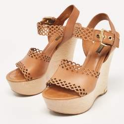 مملوكة مسبقًا Louis Vuitton Brown Leather Wedge Ankle Strap Sandals Size 39