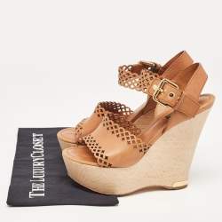 مملوكة مسبقًا Louis Vuitton Brown Leather Wedge Ankle Strap Sandals Size 39