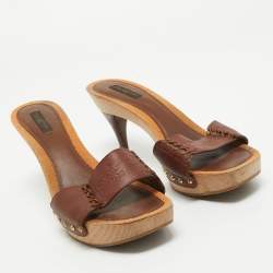 Louis Vuitton Brown Leather Wooden Slide Sandals Size 39