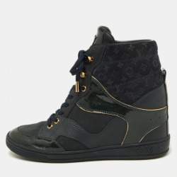 Louis Vuitton Navy Blue Monogram Embossed Suede and Leather Millenium Wedge Sneakers Size 39