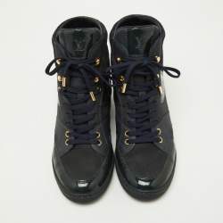 Louis Vuitton Navy Blue Monogram Embossed Suede and Leather Millenium Wedge Sneakers Size 39