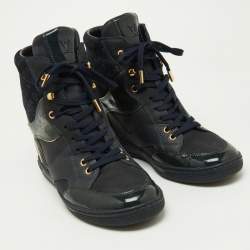 Louis Vuitton Navy Blue Monogram Embossed Suede and Leather Millenium Wedge Sneakers Size 39