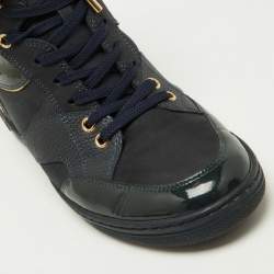 Louis Vuitton Navy Blue Monogram Embossed Suede and Leather Millenium Wedge Sneakers Size 39