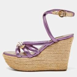 Pre Owned Louis Vuitton Metallic Purple Leather Espadrille Wedge Platform Ankle Strap Sandals Size 36