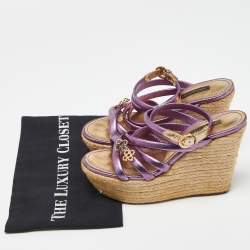 Pre Owned Louis Vuitton Metallic Purple Leather Espadrille Wedge Platform Ankle Strap Sandals Size 36
