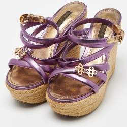 Pre Owned Louis Vuitton Metallic Purple Leather Espadrille Wedge Platform Ankle Strap Sandals Size 36