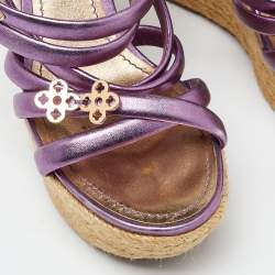 Pre Owned Louis Vuitton Metallic Purple Leather Espadrille Wedge Platform Ankle Strap Sandals Size 36
