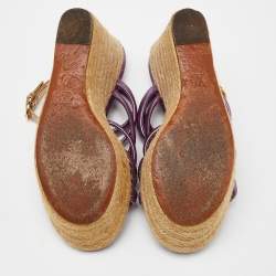 Pre Owned Louis Vuitton Metallic Purple Leather Espadrille Wedge Platform Ankle Strap Sandals Size 36