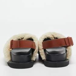 مملوكة مسبقًا Louis Vuitton White/Brown Fur and Leather Slingback Flat Sandals Size 39