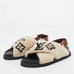 مملوكة مسبقًا Louis Vuitton White/Brown Fur and Leather Slingback Flat Sandals Size 39