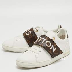 Louis Vuitton White/Brown Leather and Monogram Canvas Logo Strap Frontrow Sneakers Size 40