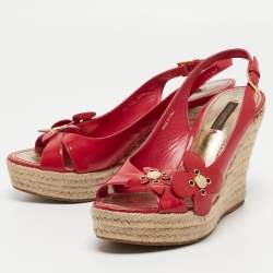Louis Vuitton Red Patent Leather Slingback Wadge  Espadrille Sandals Size 36.5