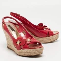 Louis Vuitton Red Patent Leather Slingback Wadge  Espadrille Sandals Size 36.5