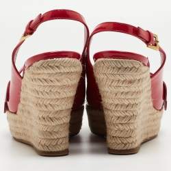Louis Vuitton Red Patent Leather Slingback Wadge  Espadrille Sandals Size 36.5