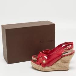 Louis Vuitton Red Patent Leather Slingback Wadge  Espadrille Sandals Size 36.5