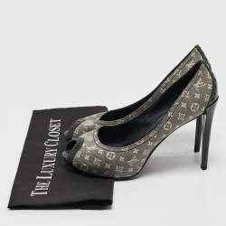 Louis Vuitton Grey/Green Canvas Peep Toe  Romance Pumps Size 38