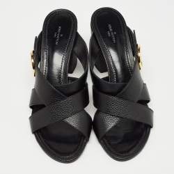 Louis Vuitton Black Leather Block Heel Slide Sandals Size 40