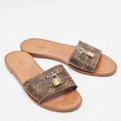 Louis Vuitton Brown Monogram Canvas Lock It  Flat Slides Size 37.5