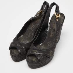 Louis Vuitton Black Patent and Demin Bastille Wedge Sandals Size 39.5