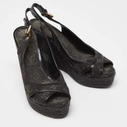 Louis Vuitton Black Patent and Demin Bastille Wedge Sandals Size 39.5