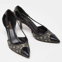 Pre Owned Louis Vuitton Black Monogram Canvas and Leather Cap Toe Pumps Size 37.5 