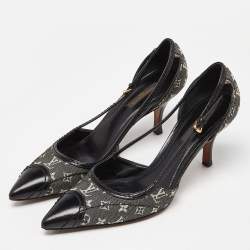 Pre Owned Louis Vuitton Black Monogram Canvas and Leather Cap Toe Pumps Size 37.5 