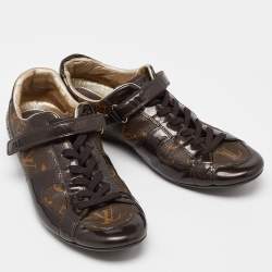 Pre Owned Louis Vuitton Brown Monogram Canvas and Patent Leather Gloe Trotter Sneakers Size 39