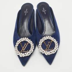 Louis Vuitton Navy Blue Suede Crystal Embellished Madeleine Mules Size 37.5