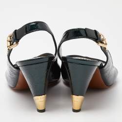 Pre Owned Louis Vuitton Dark Green Monogram Vernis Patent Slingback Pumps Size 38.5