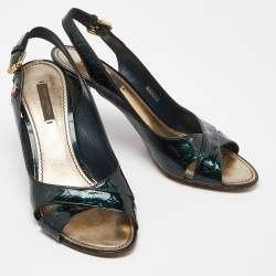 Pre Owned Louis Vuitton Dark Green Monogram Vernis Patent Slingback Pumps Size 38.5