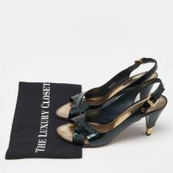 Pre Owned Louis Vuitton Dark Green Monogram Vernis Patent Slingback Pumps Size 38.5
