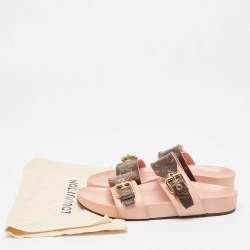 Louis Vuitton Pink/Brown Monogram Canvas and Leather Bom Dia Flat Slides Size 38