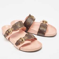 Louis Vuitton Pink/Brown Monogram Canvas and Leather Bom Dia Flat Slides Size 38