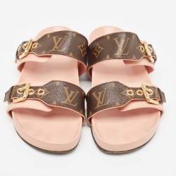 Louis Vuitton Pink/Brown Monogram Canvas and Leather Bom Dia Flat Slides Size 38