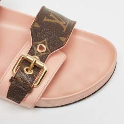 Louis Vuitton Pink/Brown Monogram Canvas and Leather Bom Dia Flat Slides Size 38