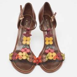 Louis Vuitton Brown Leather Flower Applique T-Bar Ankle Strap Sandals Size 37.5