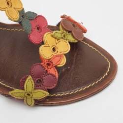Louis Vuitton Brown Leather Flower Applique T-Bar Ankle Strap Sandals Size 37.5