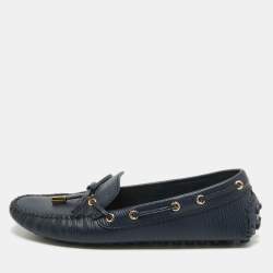 Pre Owned Louis Vuitton Navy Blue Leather Arizona Bow Slip On Loafers Size 36.5