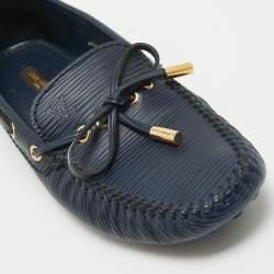 Pre Owned Louis Vuitton Navy Blue Leather Arizona Bow Slip On Loafers Size 36.5