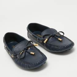 Pre Owned Louis Vuitton Navy Blue Leather Arizona Bow Slip On Loafers Size 36.5