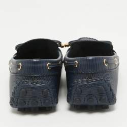 Pre Owned Louis Vuitton Navy Blue Leather Arizona Bow Slip On Loafers Size 36.5