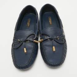 Pre Owned Louis Vuitton Navy Blue Leather Arizona Bow Slip On Loafers Size 36.5