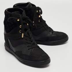 Louis Vuitton Black Leather and Monogram Suede Cliff Wedge Sneakers Size 37