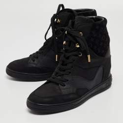 Louis Vuitton Black Leather and Monogram Suede Cliff Wedge Sneakers Size 37